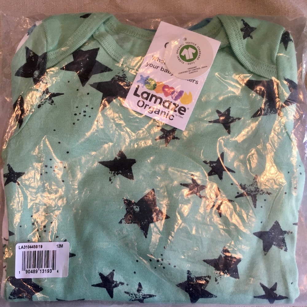 3 pack Lamaze Organic Baby Boy Onesies 12 mos